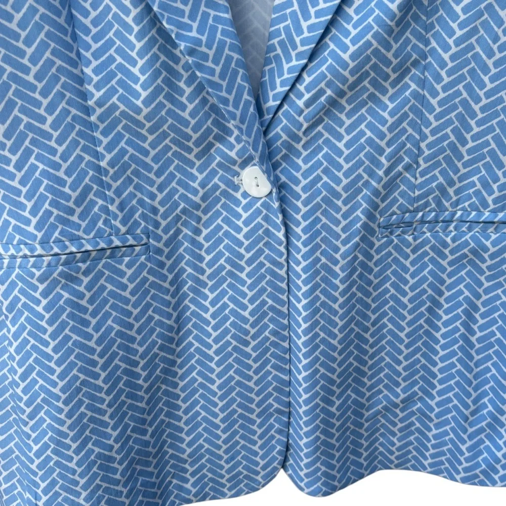 Esqualo Women’s 14 Stretch Block Print Light Blue & White Lightweight Blazer NWT